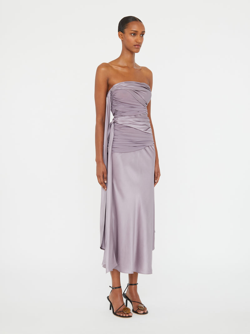 Knotted Silk Gather Midi Dress