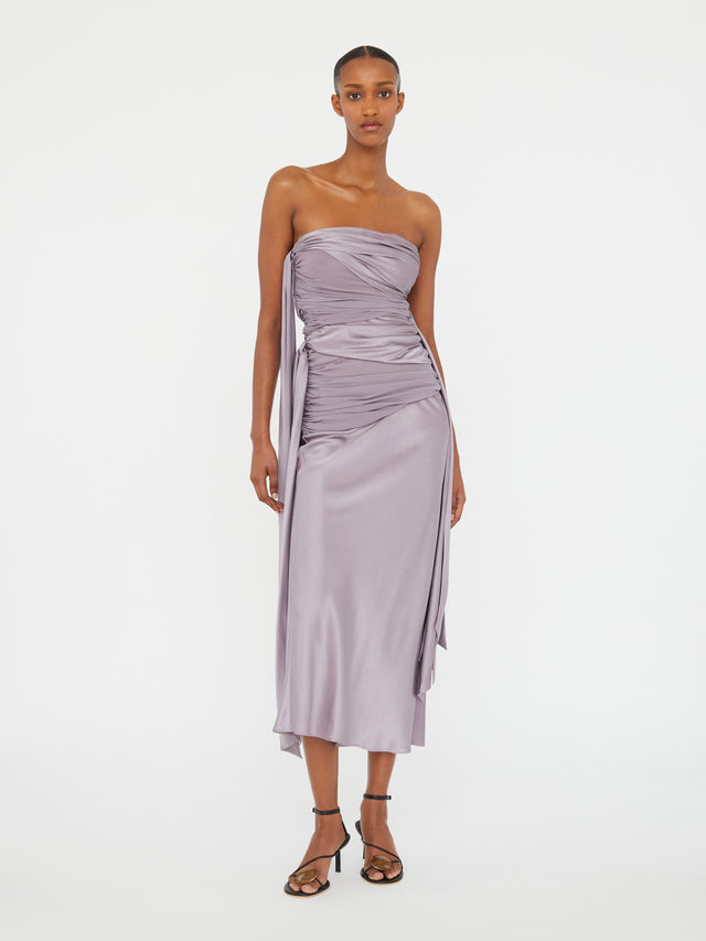 Knotted Silk Gather Midi Dress