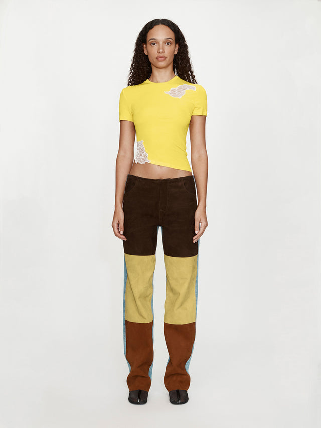 Spliced Suede Denim Jean