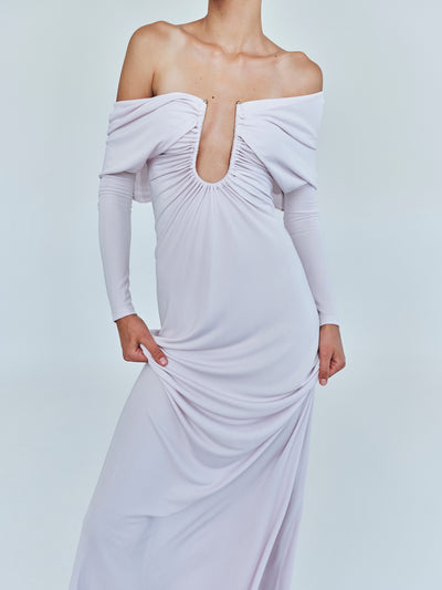 Arced Palm Strapless Shawl Gown
