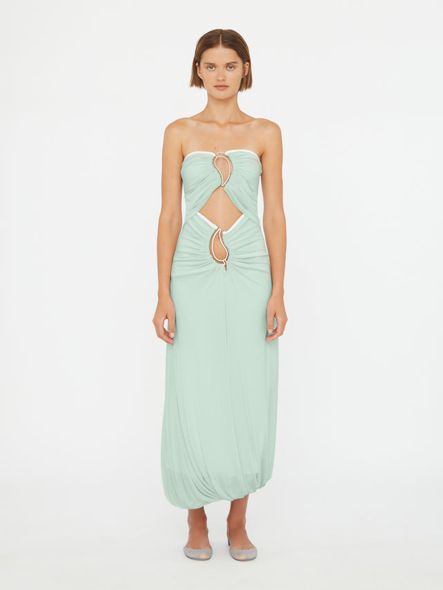 Paisley Overlay Encased Strapless Dress
