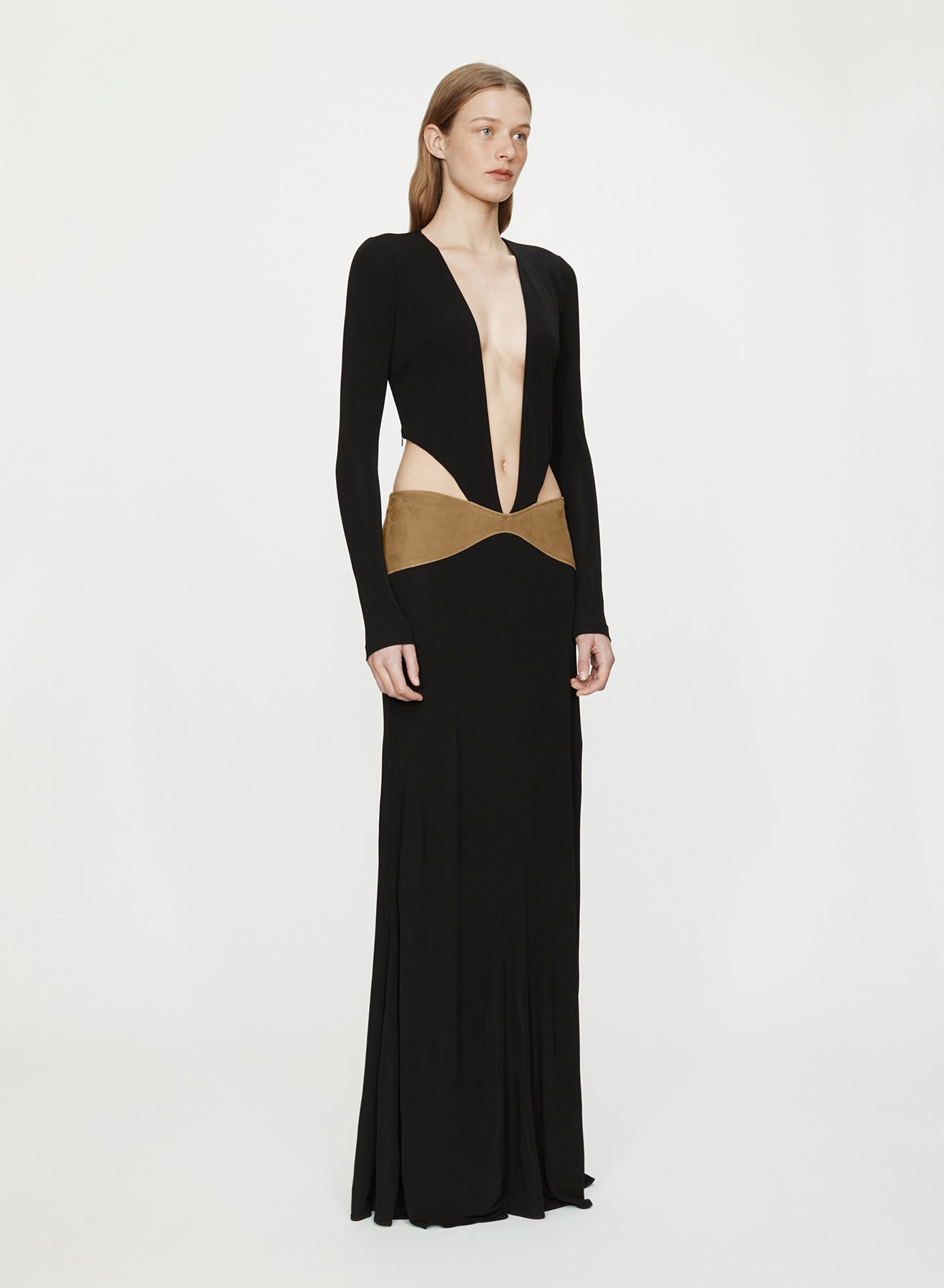 Contour Suede Belted Long Sleeve Gown