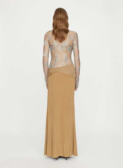 Sèpienne Lace Suede Belted Jersey Gown