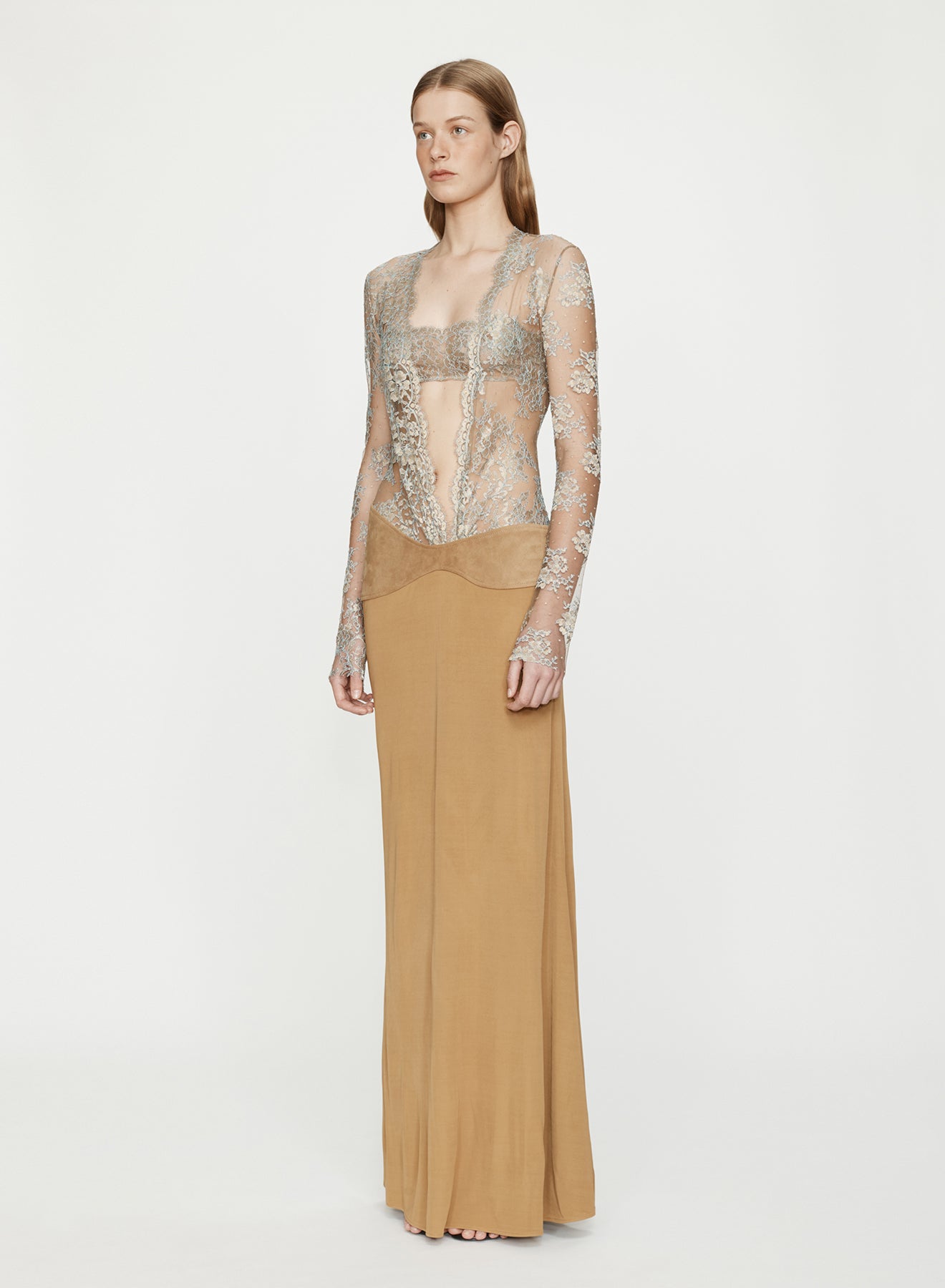 Sèpienne Lace Suede Belted Jersey Gown