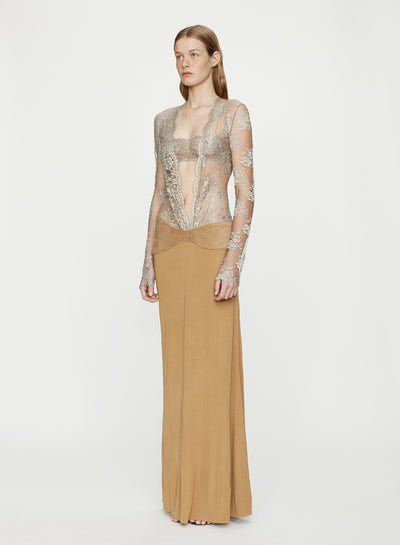 Sèpienne Lace Suede Belted Jersey Gown