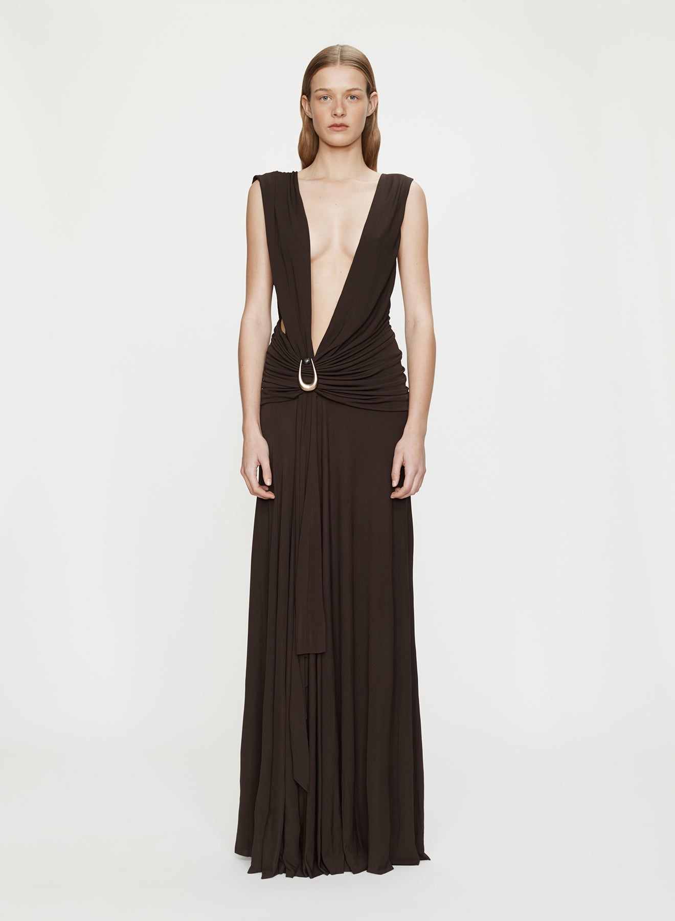 Stone Pin Scarf Drape Long Dress