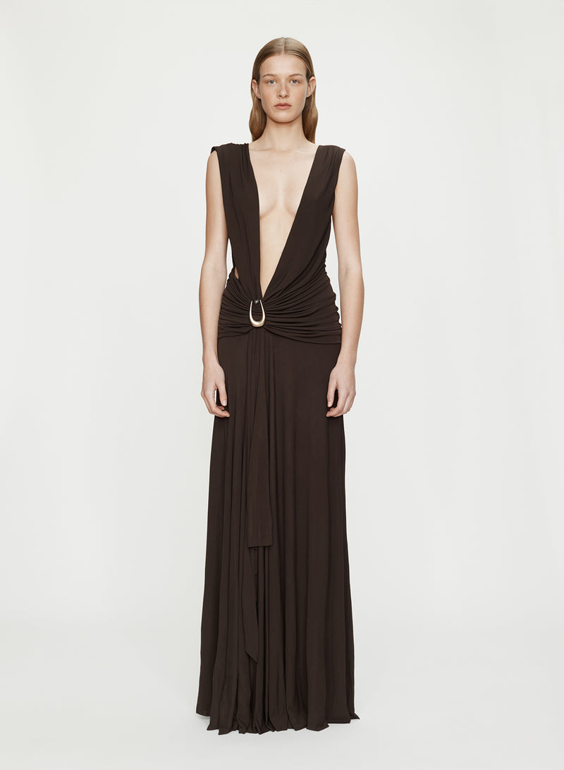 Stone Pin Scarf Drape Long Dress - Image 1