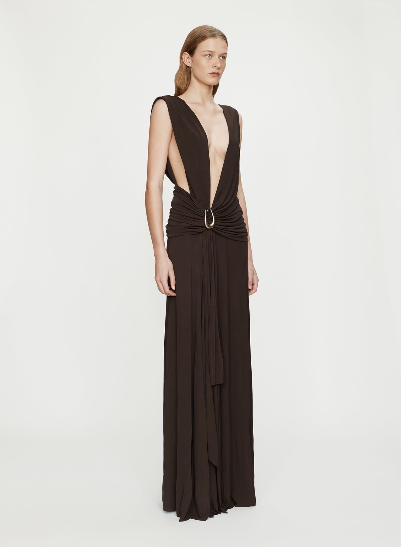 Stone Pin Scarf Drape Long Dress
