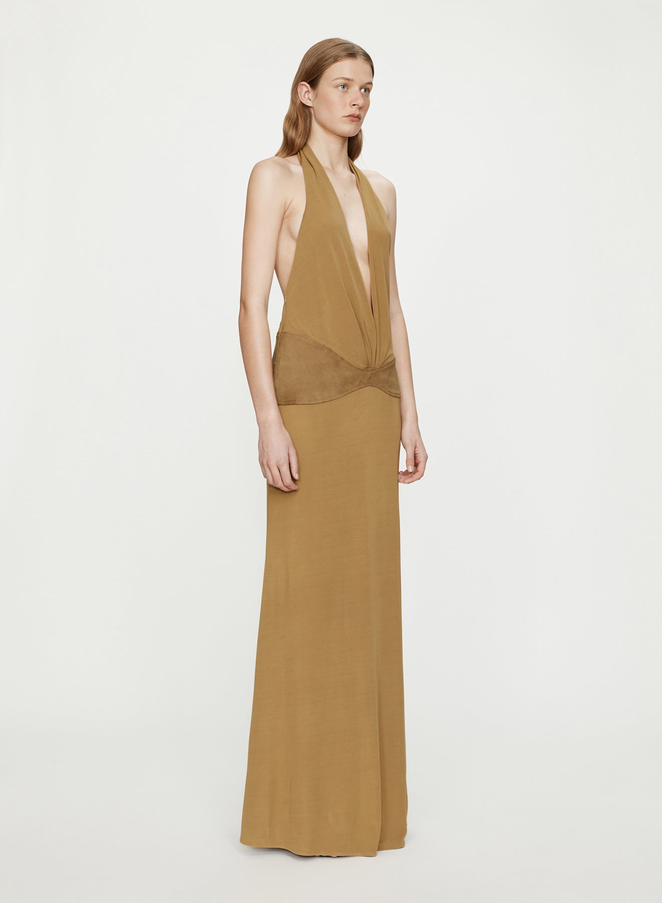 Contour Suede Belted Jersey Halter Gown