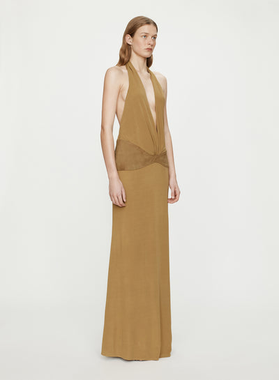 Contour Suede Belted Jersey Halter Gown
