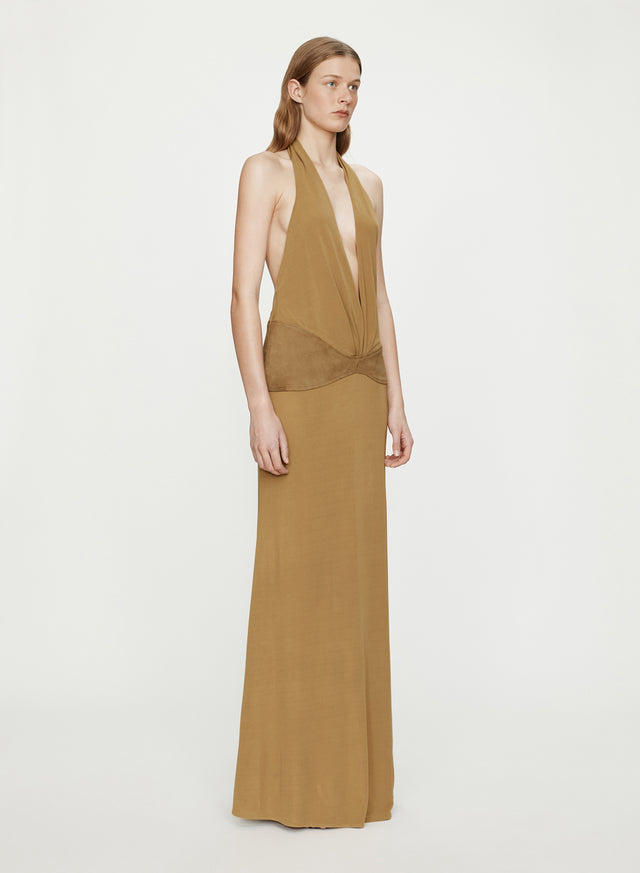 Contour Suede Belted Jersey Halter Gown