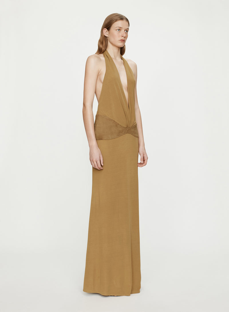 Contour Suede Belted Jersey Halter Gown - Image 3