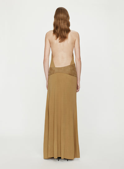 Contour Suede Belted Jersey Halter Gown