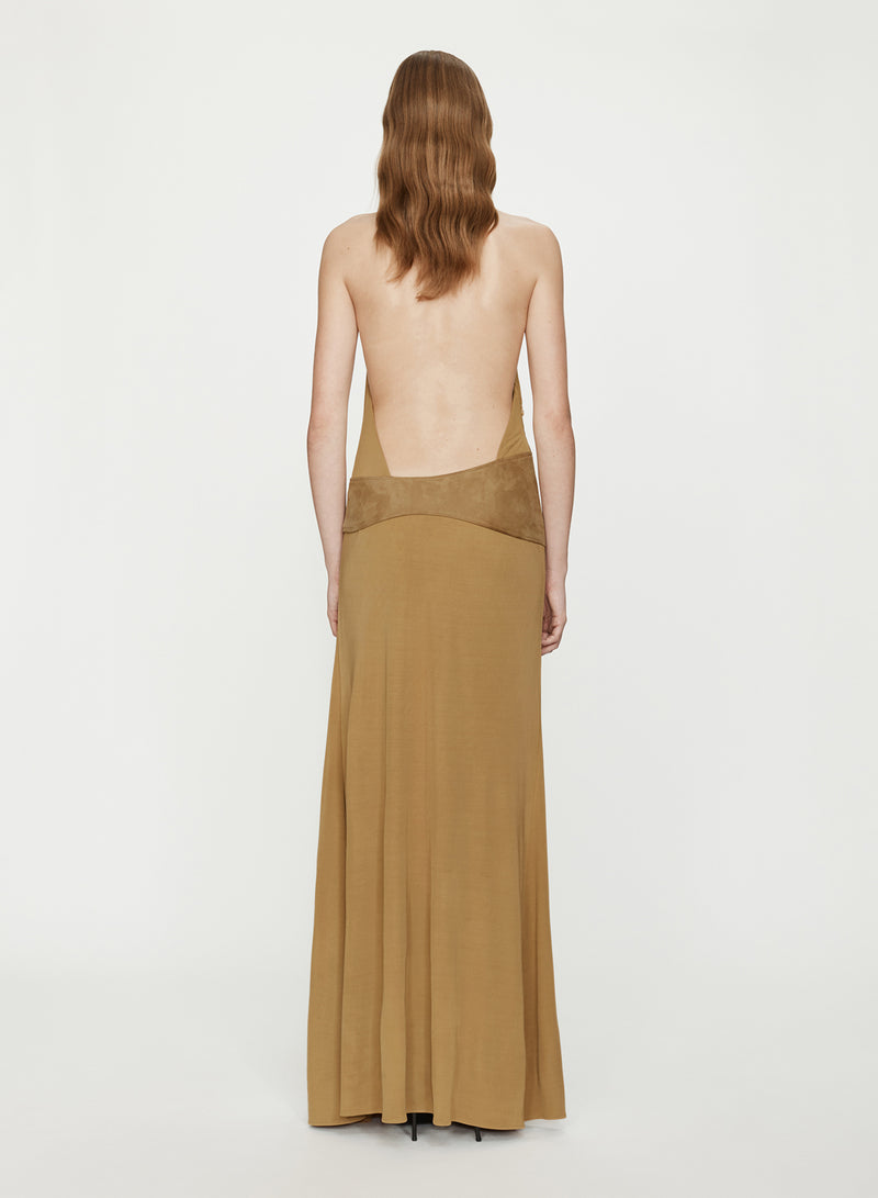 Contour Suede Belted Jersey Halter Gown - Image 5