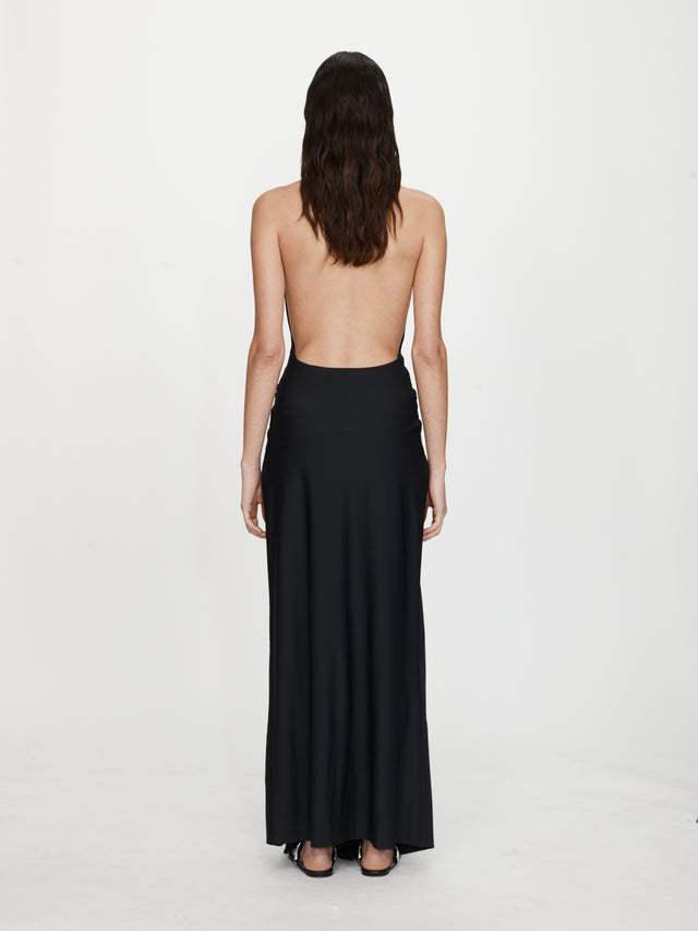 Crystal Pendant Ruched Lycra Halter Dress