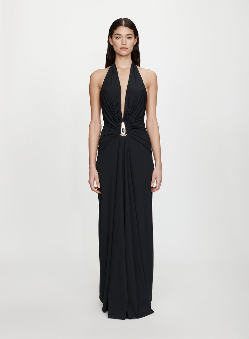 Crystal Pendant Ruched Lycra Halter Dress - Image 1