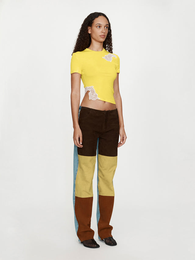 Spliced Suede Denim Jean