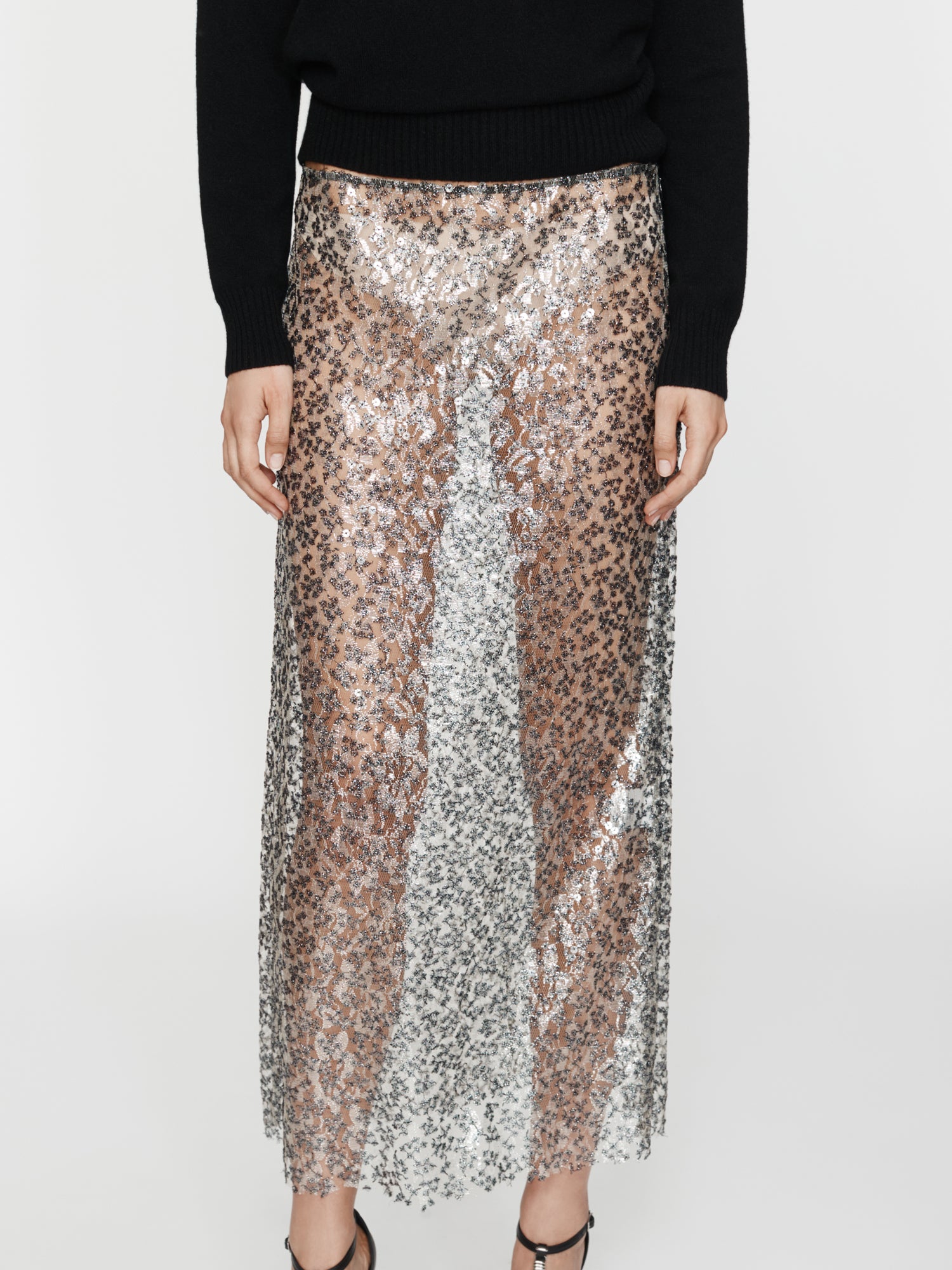 Sequined Lace Column Skirt