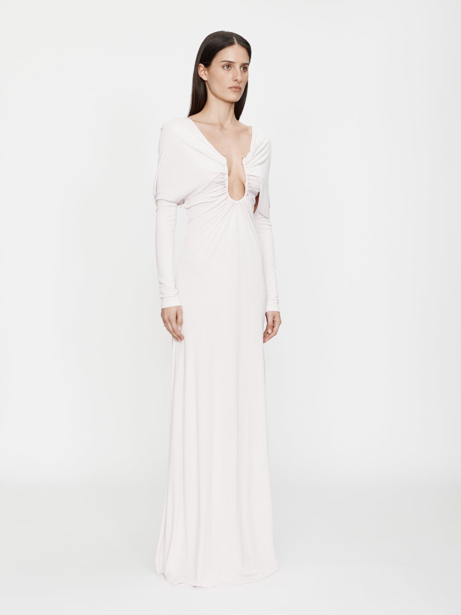 Arced Palm Strapless Shawl Gown