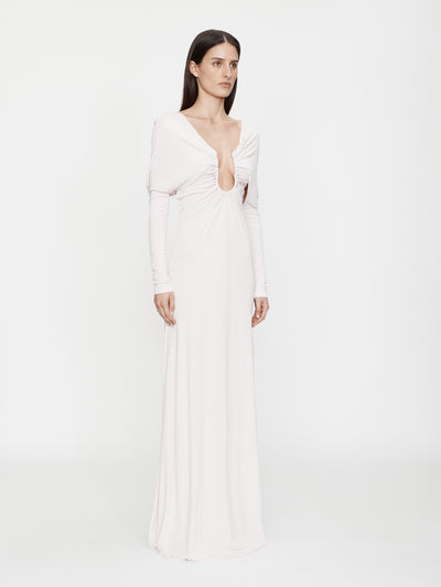 Arced Palm Strapless Shawl Gown