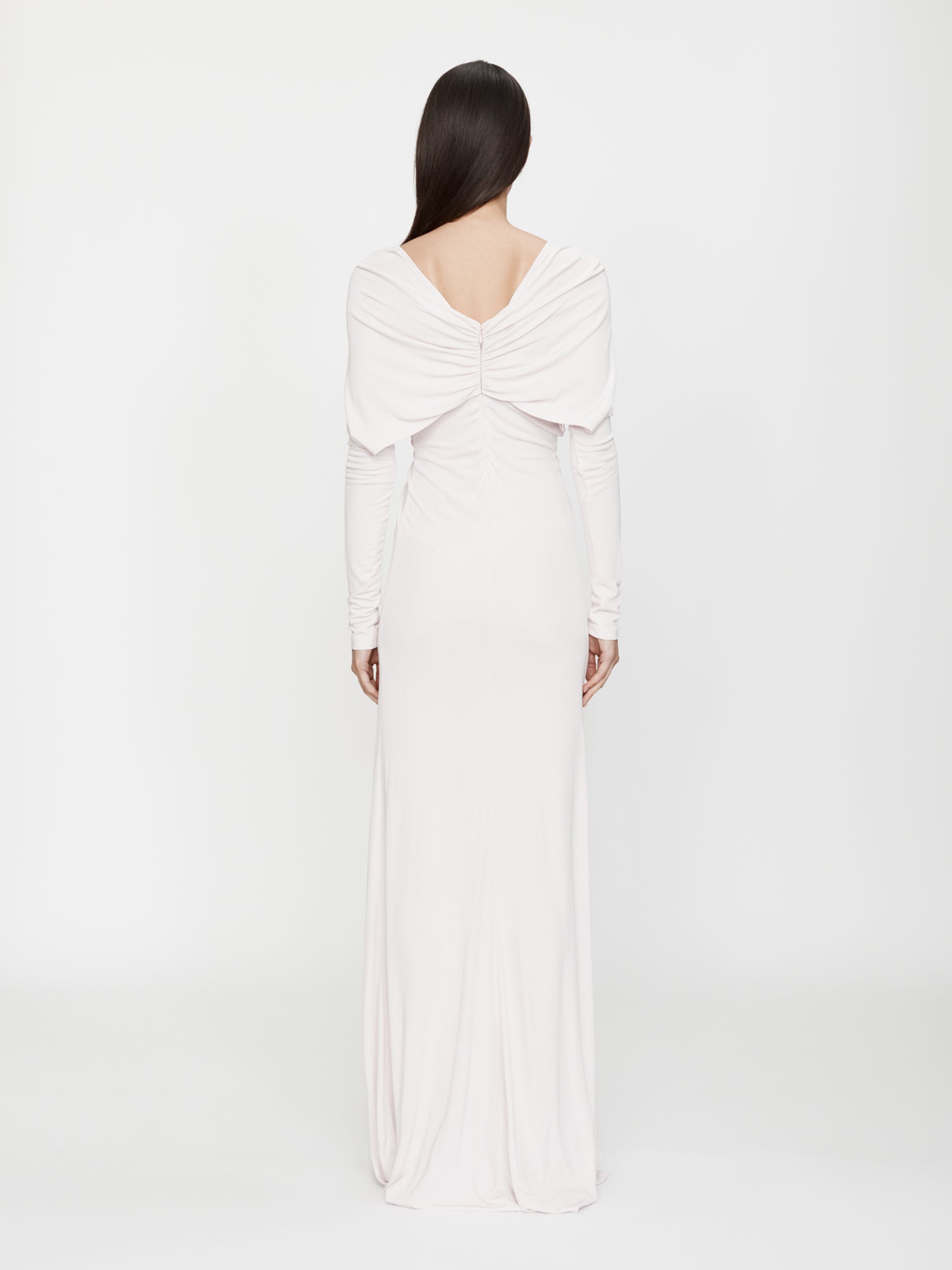 Arced Palm Strapless Shawl Gown