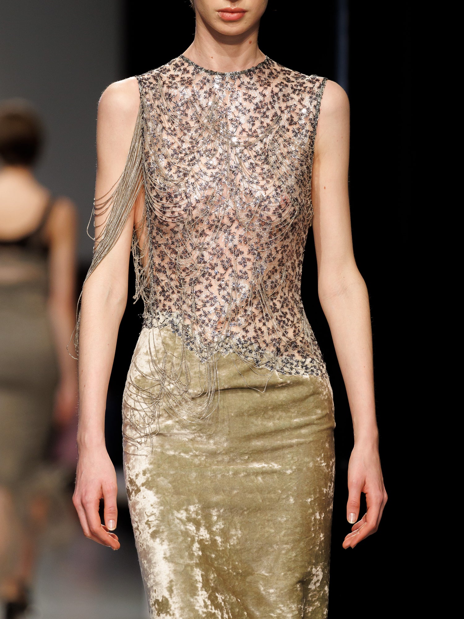 Swept Chain Lace Velvet Column Gown