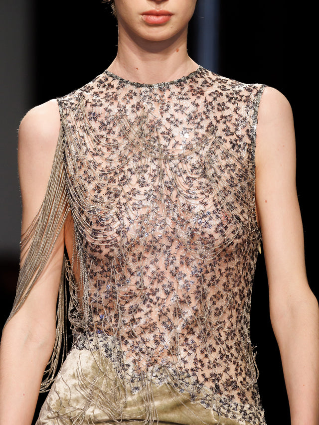 Swept Chain Lace Velvet Column Gown