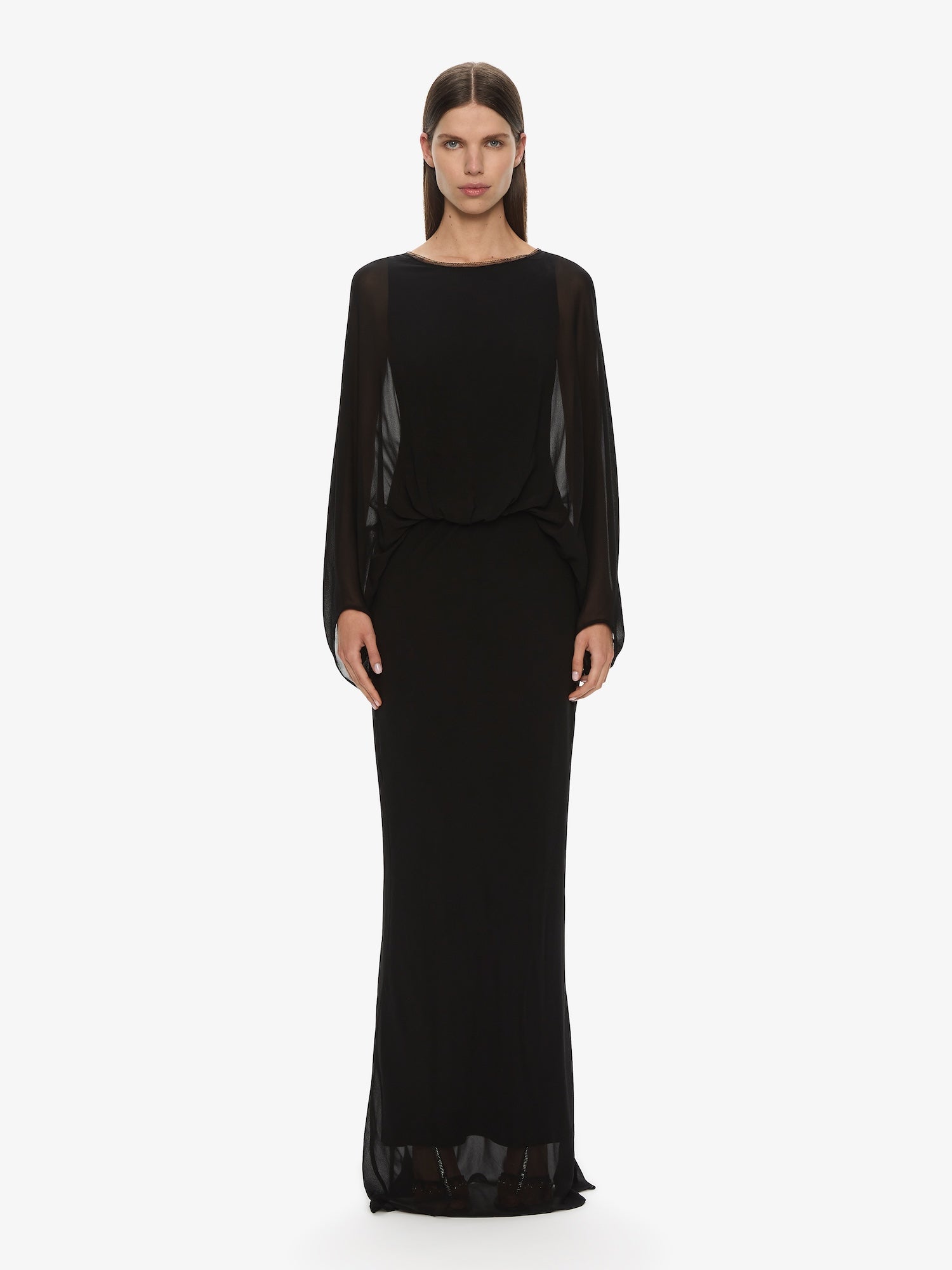 Lattice Lace Silk Blouson Long Dress