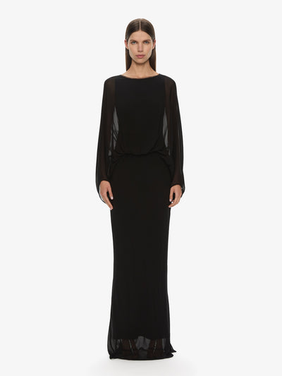 Lattice Lace Silk Blouson Long Dress