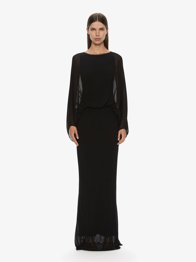 Lattice Lace Silk Blouson Long Dress