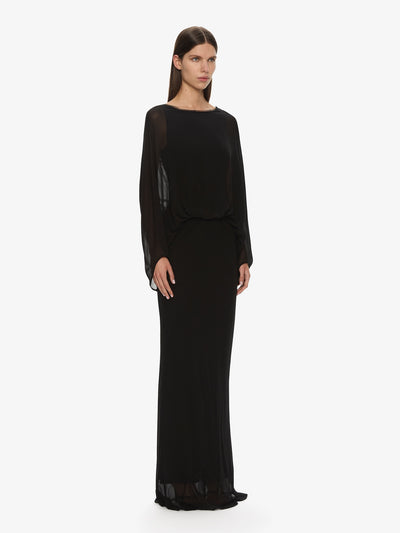 Lattice Lace Silk Blouson Long Dress