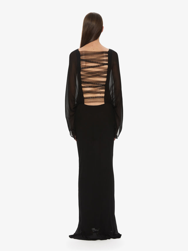 Lattice Lace Silk Blouson Long Dress