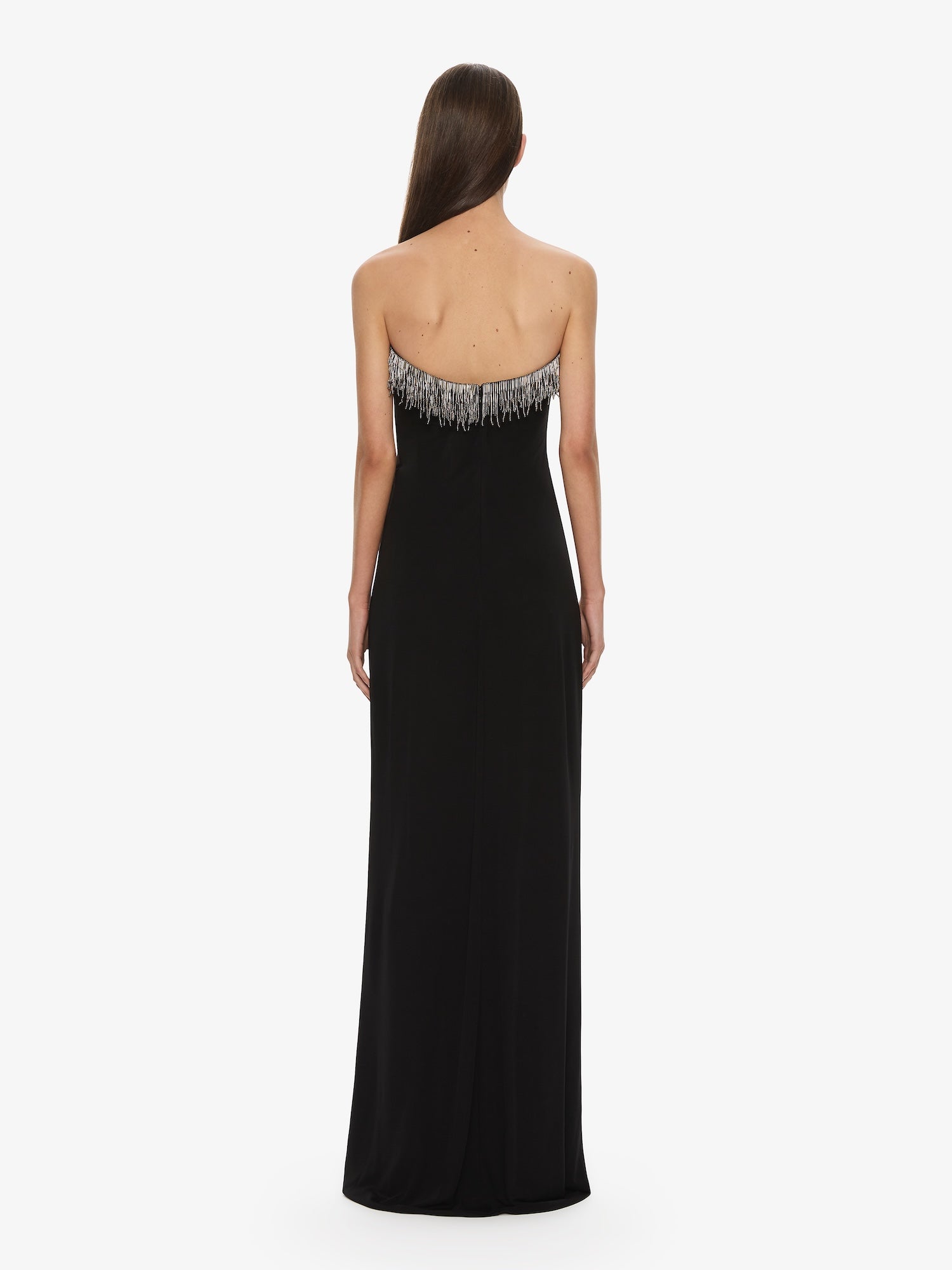 Arced Palm Strapless Fringe Dress