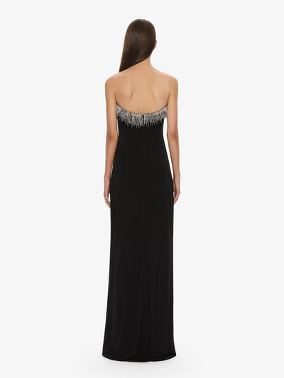 Arced Palm Strapless Fringe Dress