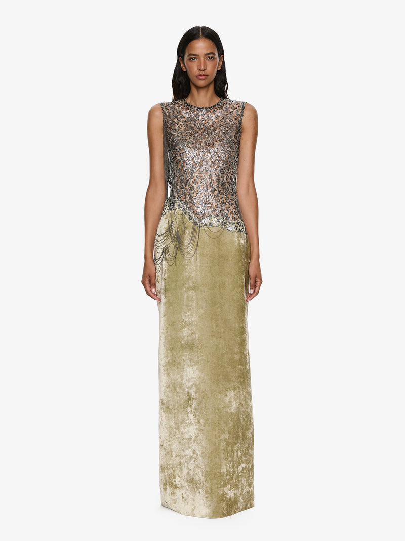Swept Chain Lace Velvet Column Gown - Image 1