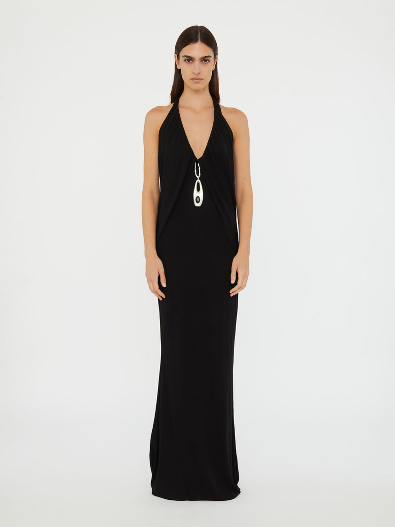 Lavalliere Draped Jersey Halter Sleeve Dress