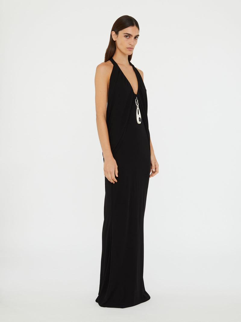 Lavalliere Draped Jersey Halter Sleeve Dress