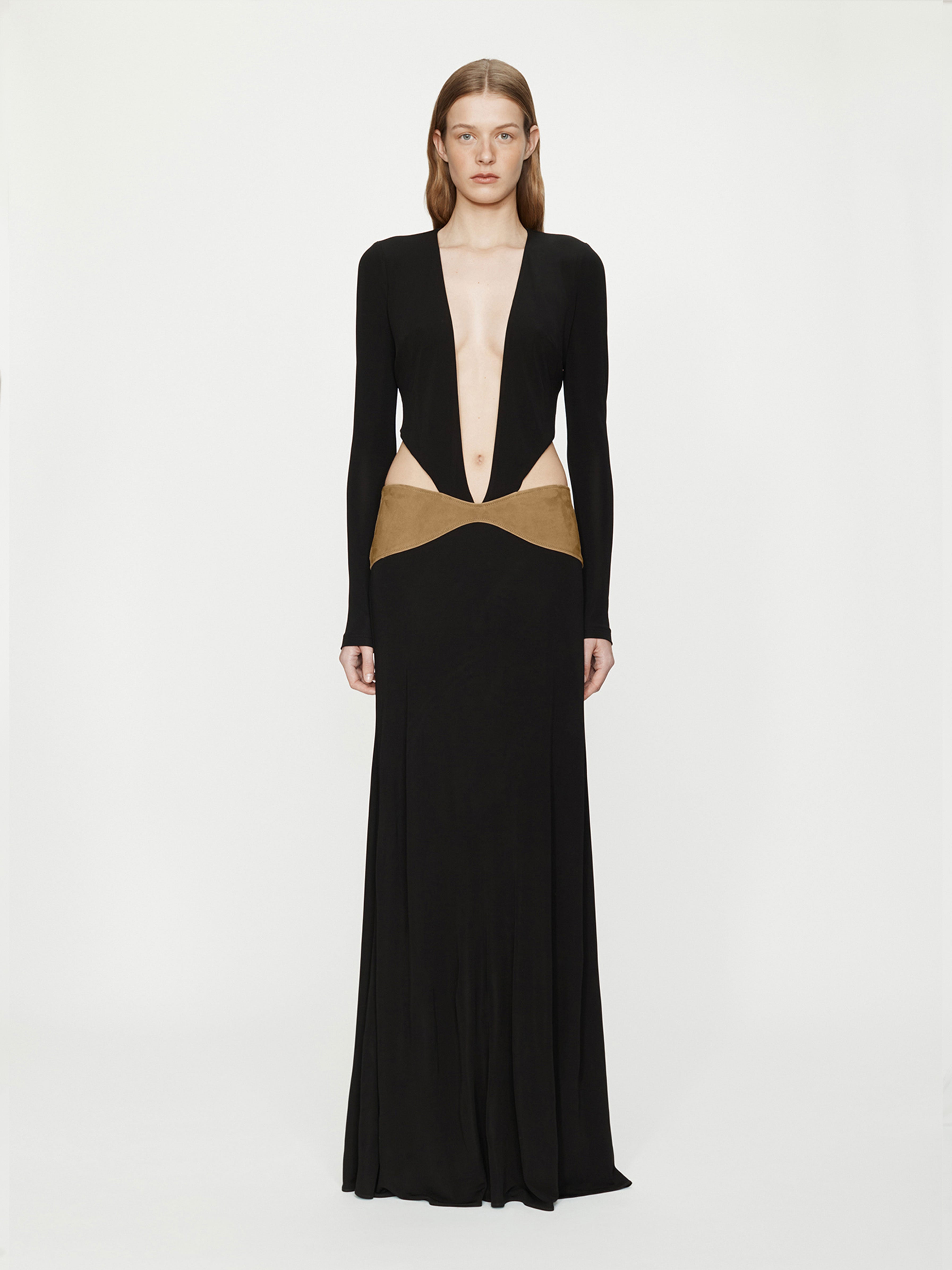 Contour Suede Belted Long Sleeve Gown